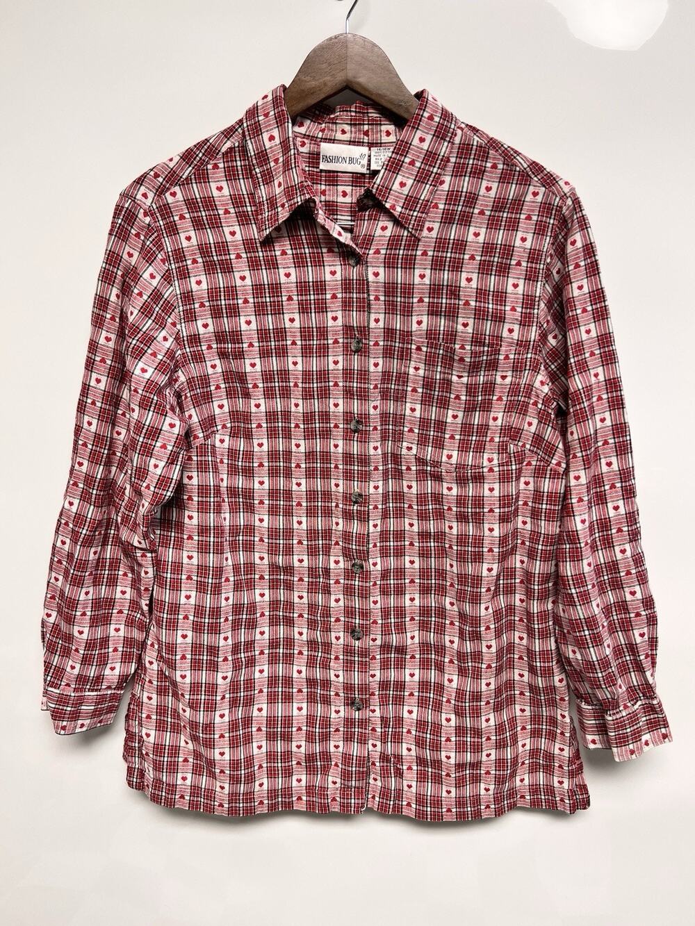 VTG 90s Patriotic Red White Blue Plaid Shirt Embroidered Hearts 14/16 Grannycore